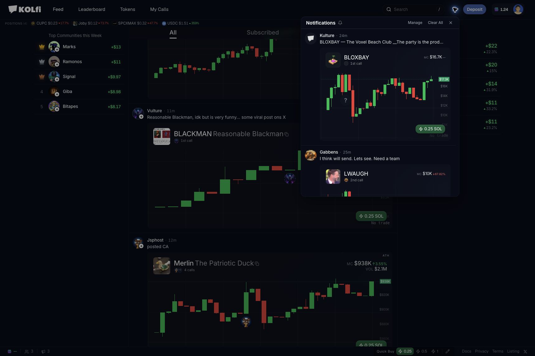 Notifications menu with recent account and call alerts.