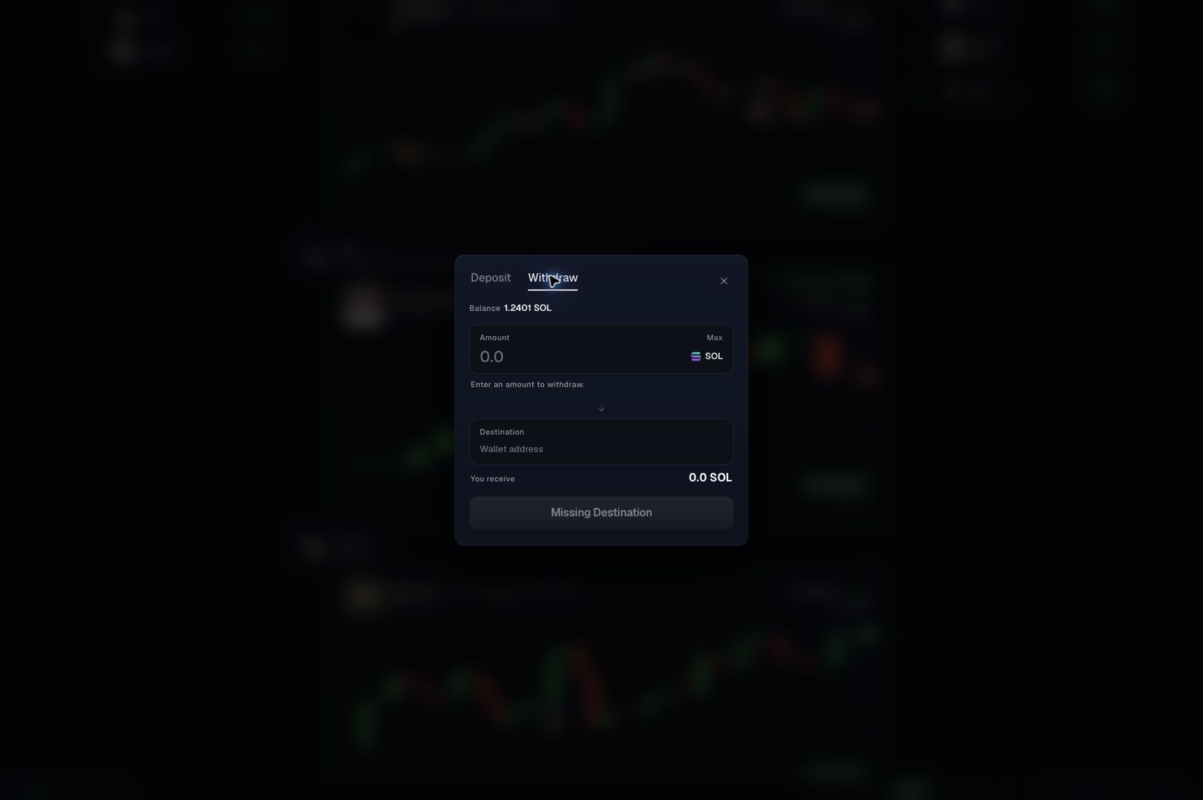 Withdraw form with amount and destination address.